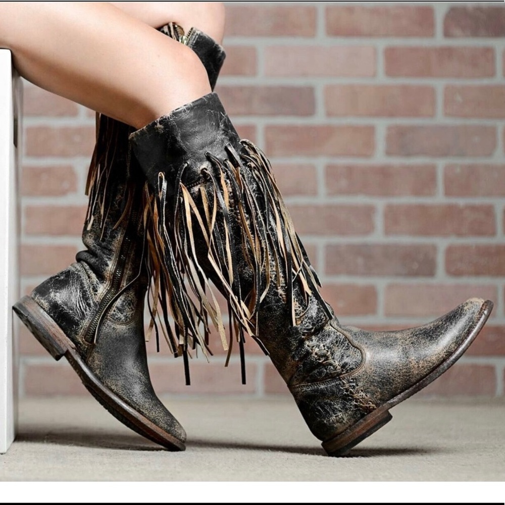 BED STU FRINGED BOOTS Tall, Black Lux 7.5 Hippie BOHO Festival Cowgirl